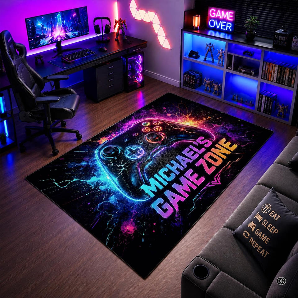 Neon cyberpunk console controller esports area rug in primary perspective