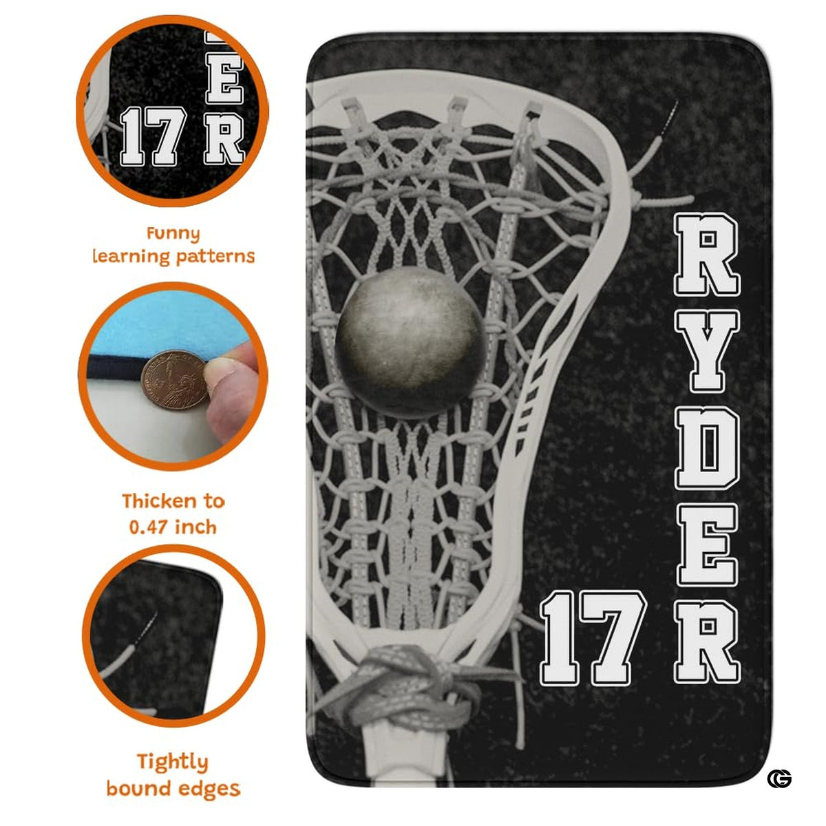 Overhead perspective of monochrome lacrosse floor rug styled in modern room.