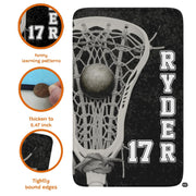 Overhead perspective of monochrome lacrosse floor rug styled in modern room. - thumbnail image 2 of 9