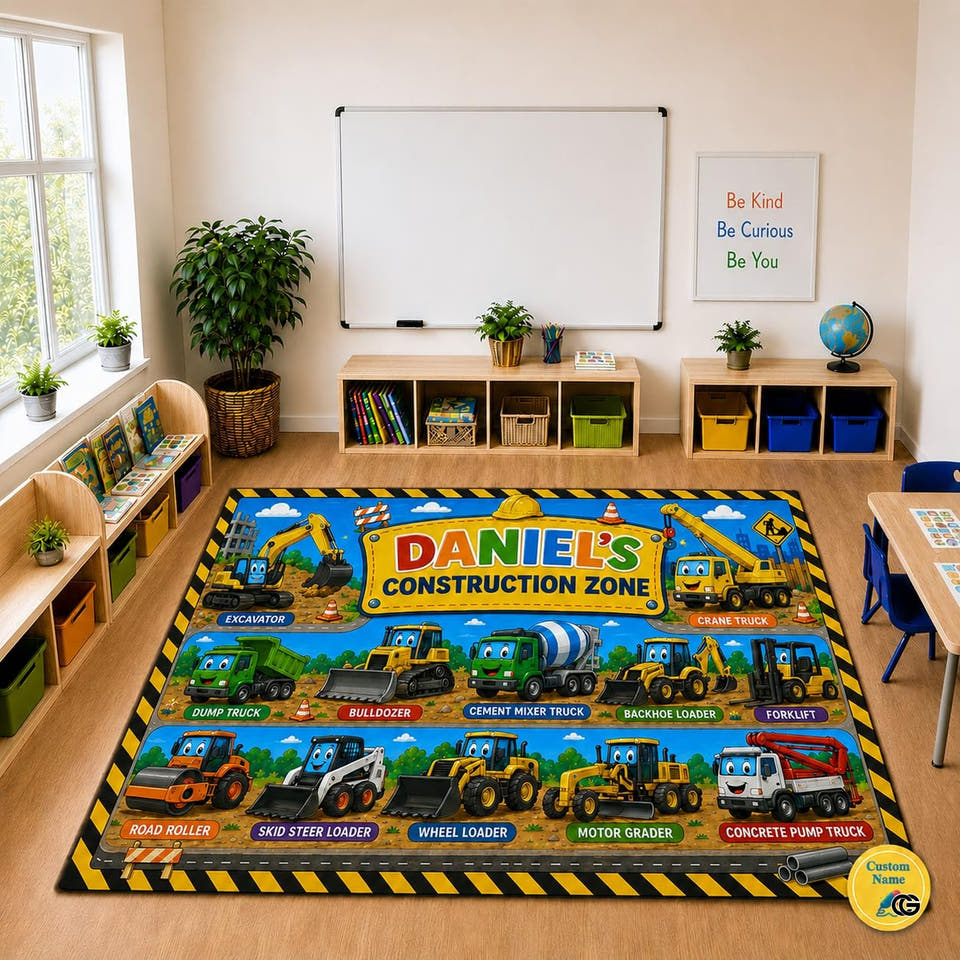 Heavy equipment worksite vehicles kids area rug in primary perspective