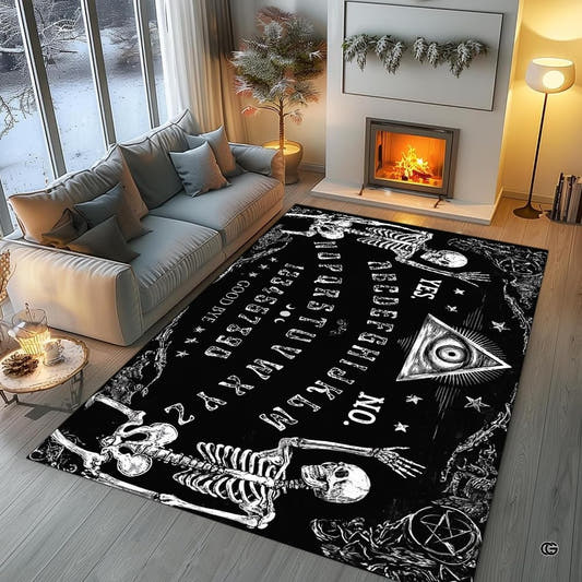 Living room fireplace scene displaying the skeleton spirit board area rug