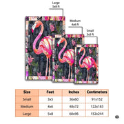 Size dimensions chart illustrating small, medium, and large options for the flamingo quilt rug - thumbnail image 2 of 8