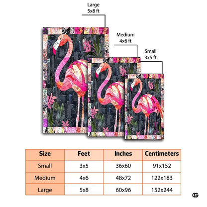 Size dimensions chart illustrating small, medium, and large options for the flamingo quilt rug - thumbnail image 2 of 8