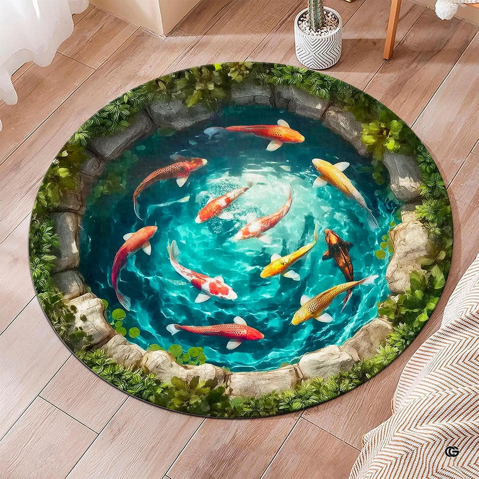 Round koi pond illusion floor accent featuring swimming fish, turquoise water ripples, and surrounding stone rim.