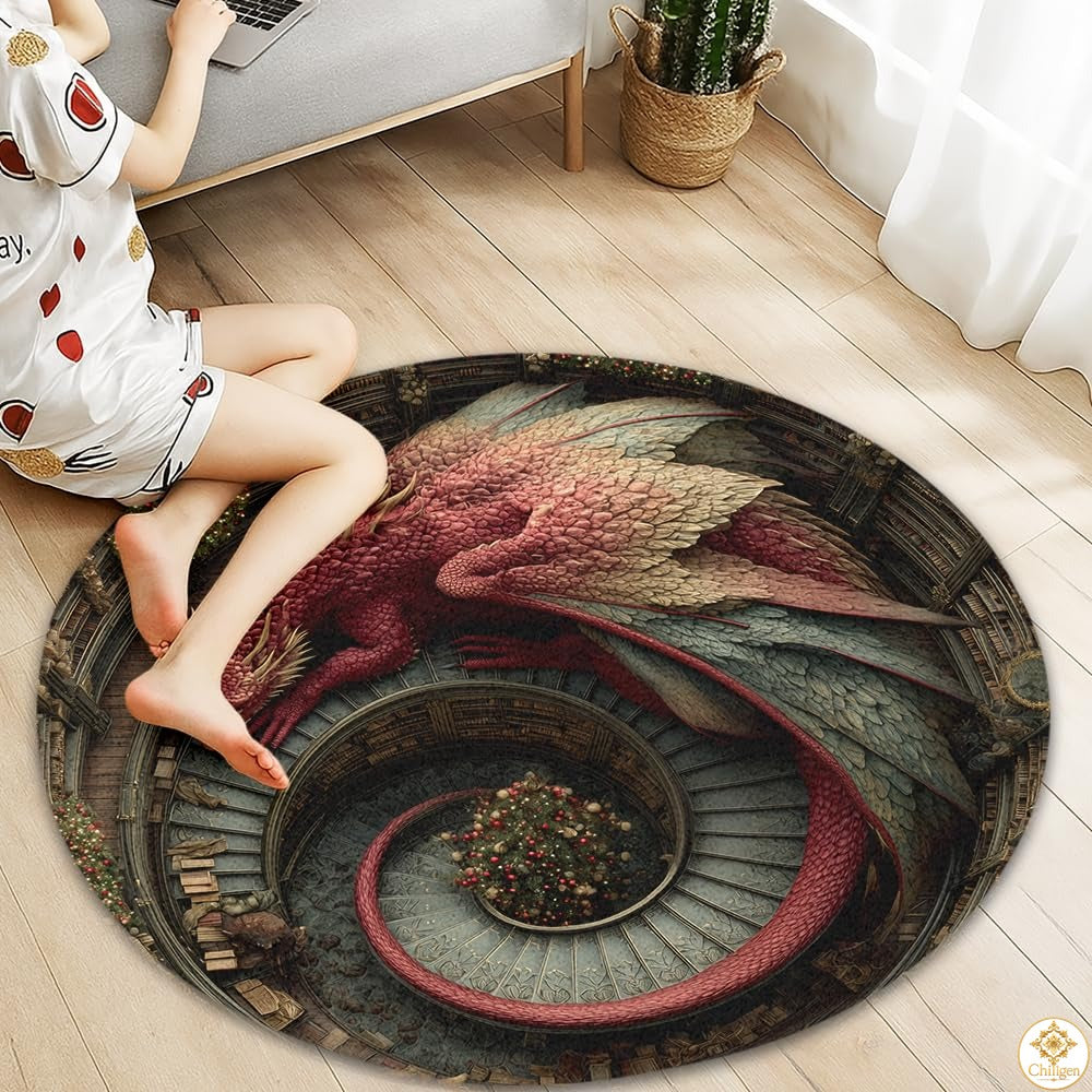 Personalized Dragon Round Rug with 3D Effect and Bookshelf Details