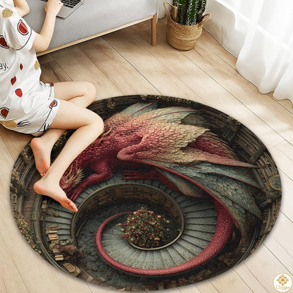 Personalized Dragon Round Rug with 3D Effect and Bookshelf Details