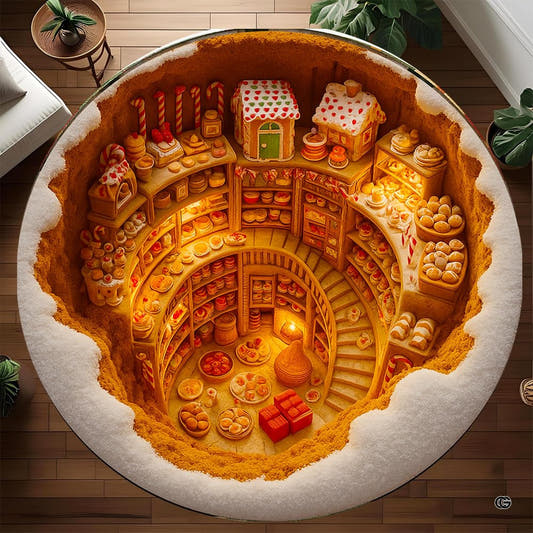 Round gingerbread bakery rug with glowing cookie pantry tunnel illusion