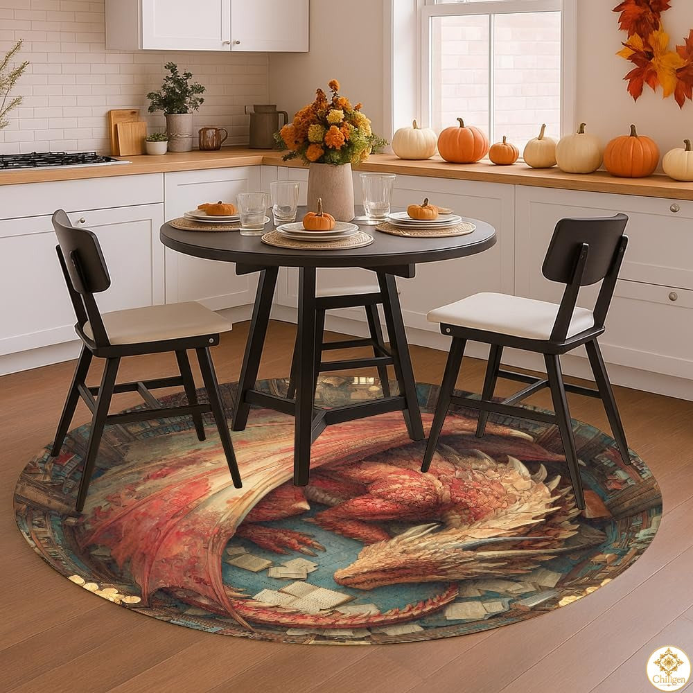 Personalized Dragon Round Rug with 3D Illusion and Low Pile