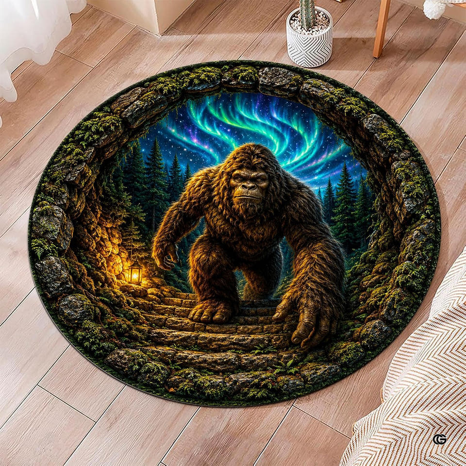 Bigfoot Sasquatch illusion round rug featuring glowing northern lights and stone tunnel artwork