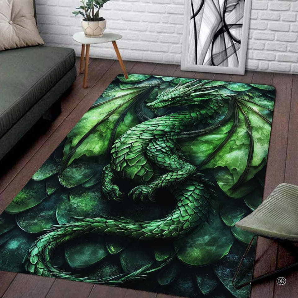 Emerald green fantasy dragon area rug displaying winged creature artwork and reptile scales.