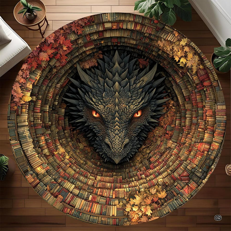Fantasy dragon round area rug featuring a mythic creature head emerging from stone architecture.