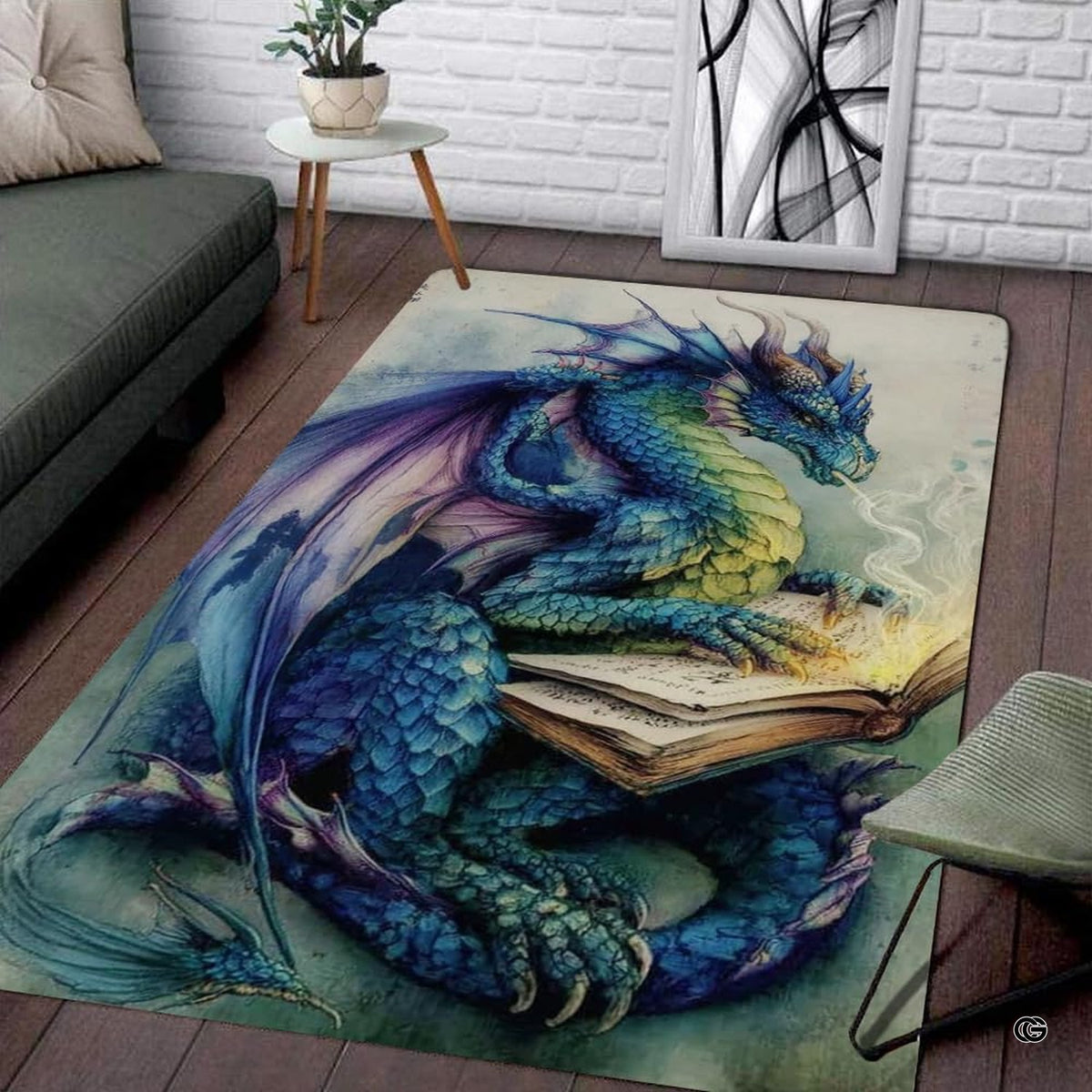 Blue and purple fantasy dragon reading an ancient tome while breathing magical wisps of smoke area rug. - image 7 of 8