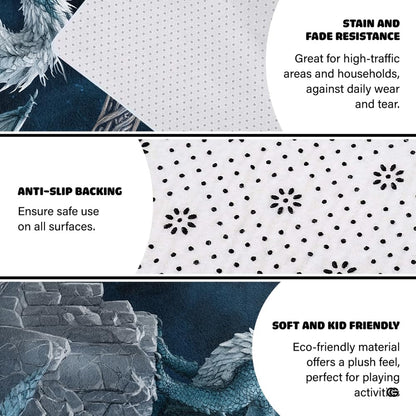 Infographic detailing the anti-slip dotted backing and durable edge binding of the rug - thumbnail image 4 of 7