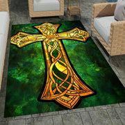 Celtic knot stained glass area rug positioned under ambient room lighting in a lounge. - thumbnail image 7 of 8
