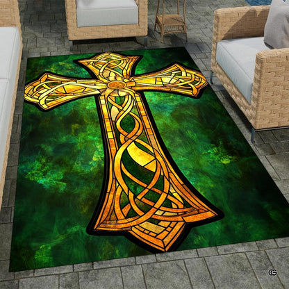 Celtic knot stained glass area rug positioned under ambient room lighting in a lounge. - thumbnail image 7 of 8