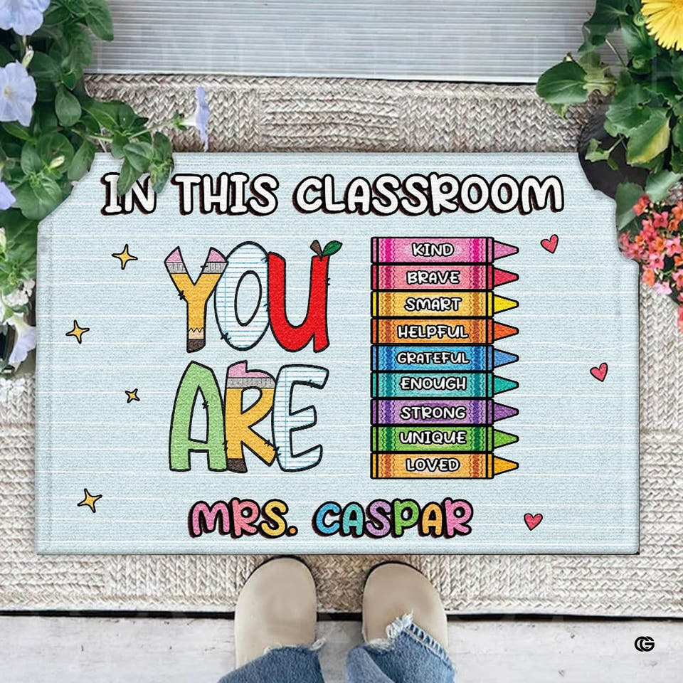 Personalized Teacher Welcome Door Mat with Name, Composition Notebook Style, Perfect Classroom Decor & Back to School Gift for Teachers (in This Classroom #2)