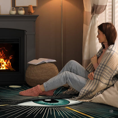Cozy fireside reading nook with a person relaxing on the celestial evil eye floor rug - thumbnail image 8 of 8