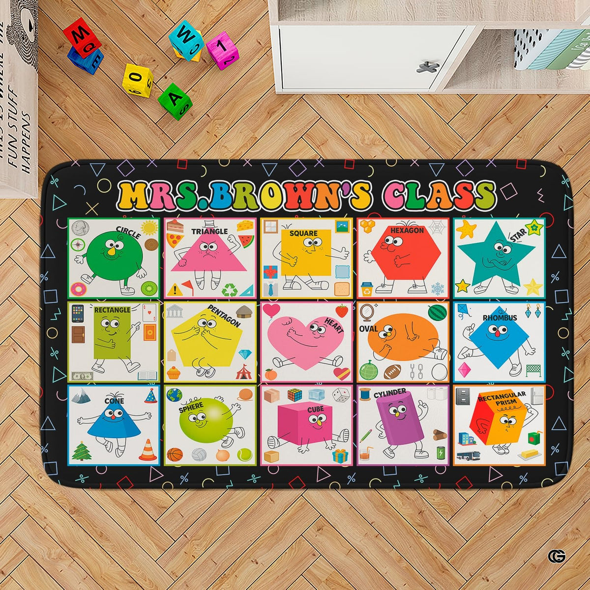 Angled perspective view showcasing the colorful shape grid and black doodle border