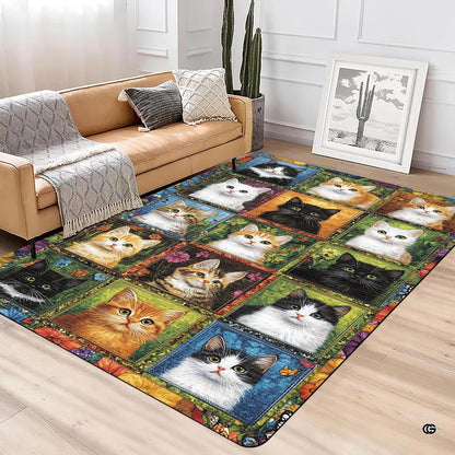 Detailed close-up of decorative cat illustrations within the grid pattern area rug. - thumbnail image 3 of 5