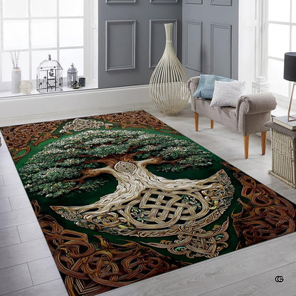 Lifestyle mockup showing the green Celtic tree rug centered on a contemporary wood floor - thumbnail image 8 of 8