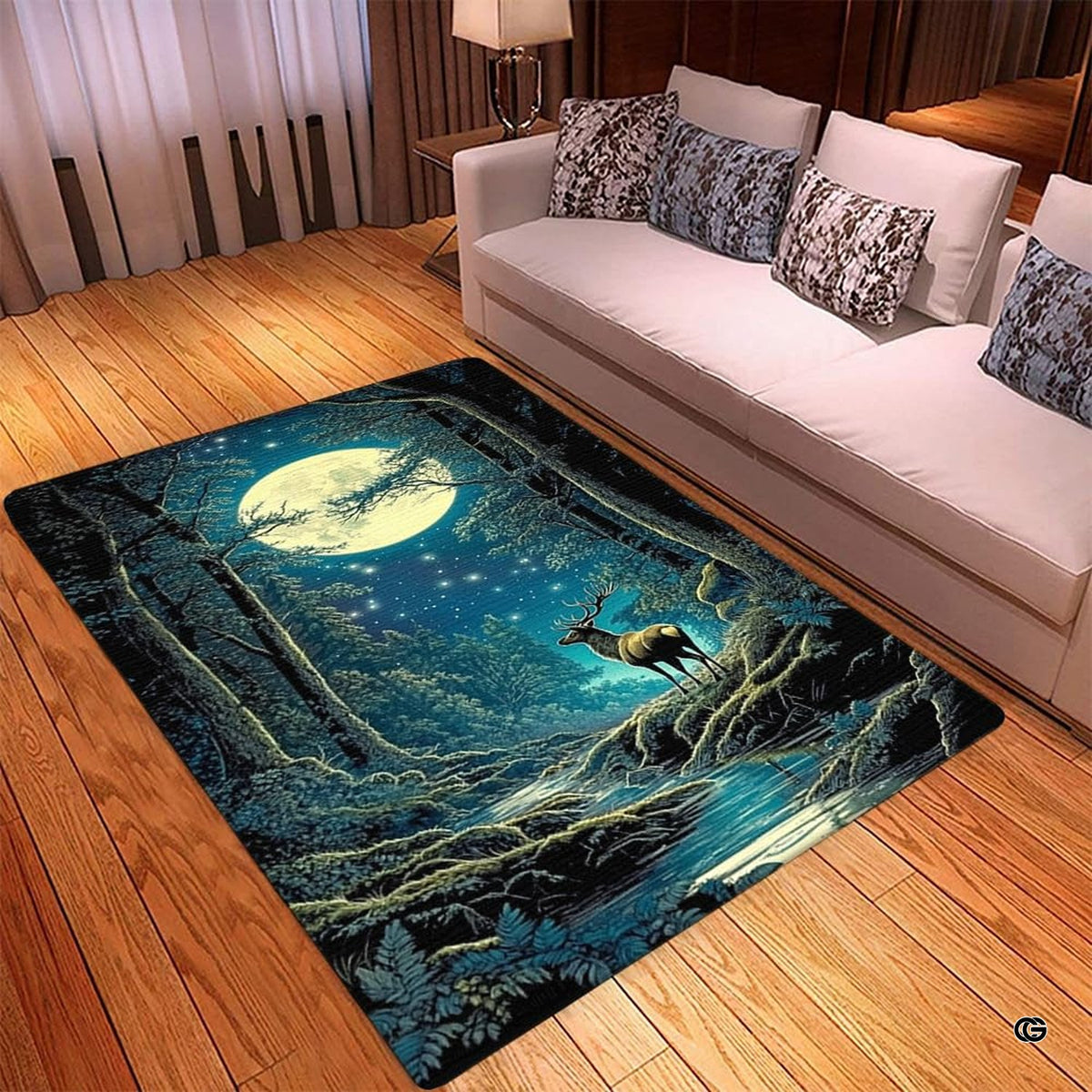 Mockup display showing the starlit deer rug placed in front of living room furniture - image 2 of 5