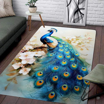 Living room setting featuring an elegant peacock blossom branch wildlife area rug - thumbnail image 1 of 8