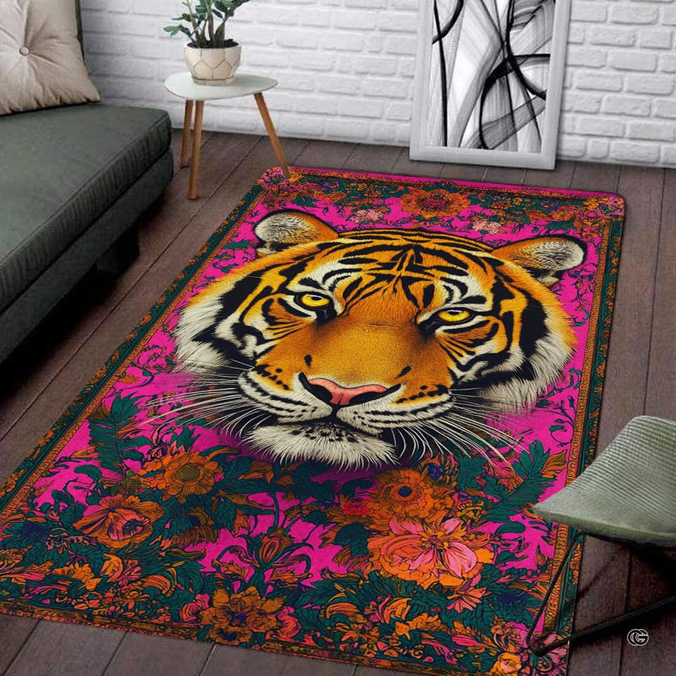 Bohemian pink floral tiger portrait living room area rug in front of a modern couch