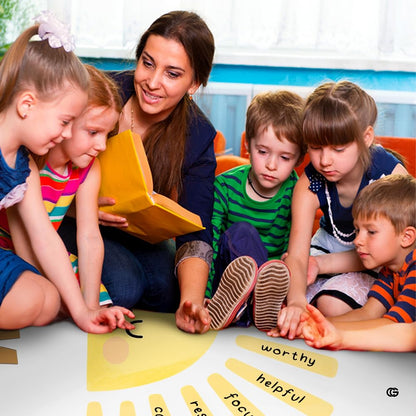 Radiant sun beam floor accent styled beside playroom toy storage in light modern setting. - thumbnail image 5 of 7