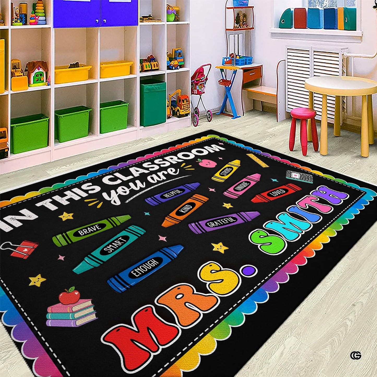 Personalized Teacher Classroom Rug, Custom Back to School Welcome Mat with Name, Kindergarten Preschool Elementary Decor, Composition Notebook Carpet (A01)