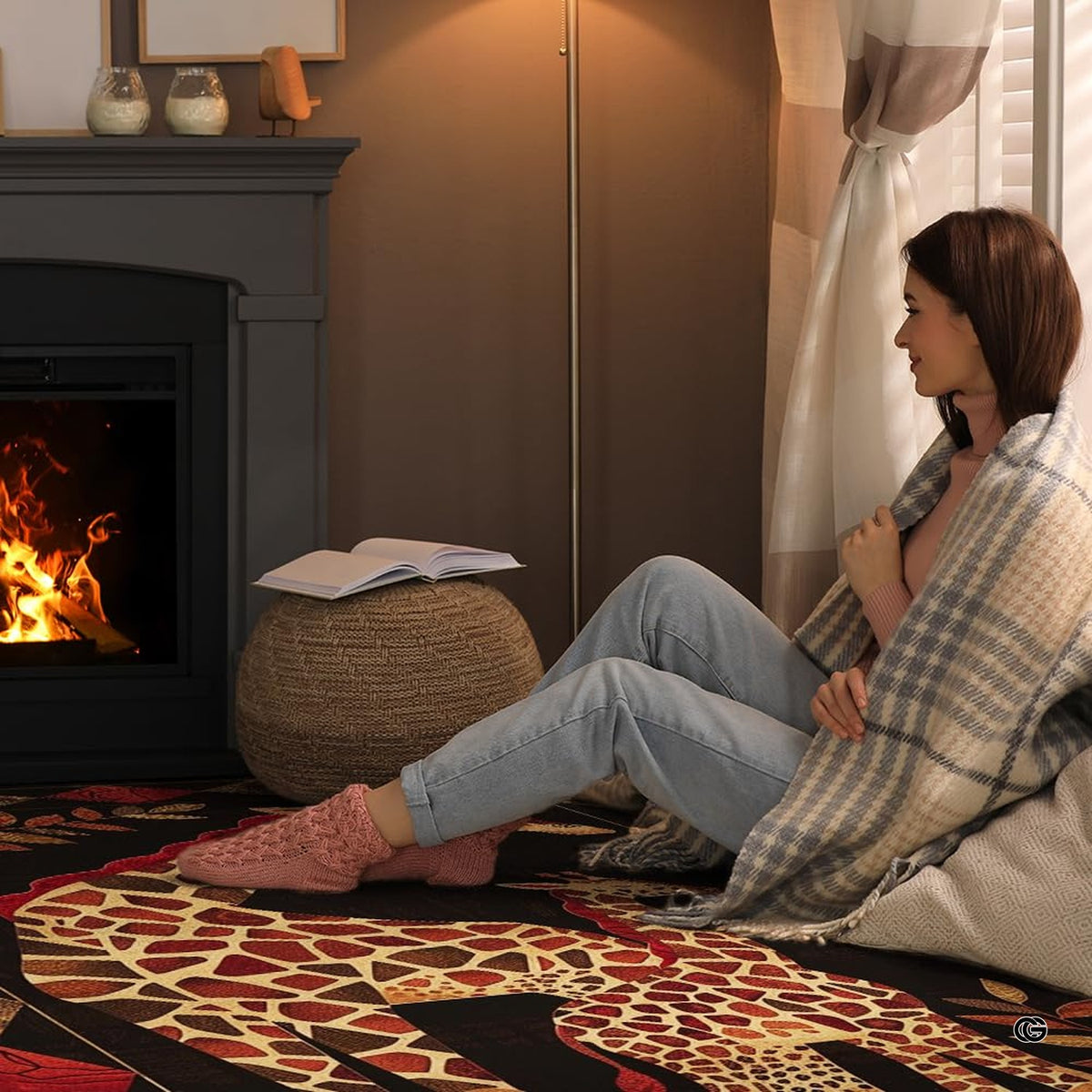 Sunlit living room fireplace setting displaying the mother and baby giraffe area rug - image 6 of 7