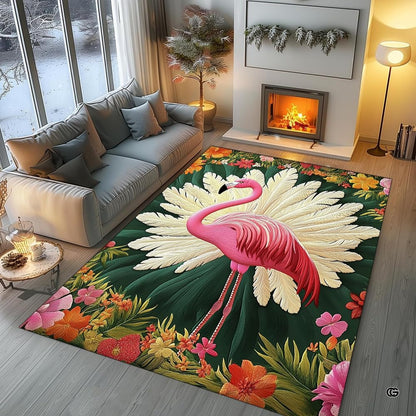 Living room seating arrangement with roaring fireplace and flamingo palm rug on light hardwood - thumbnail image 5 of 8