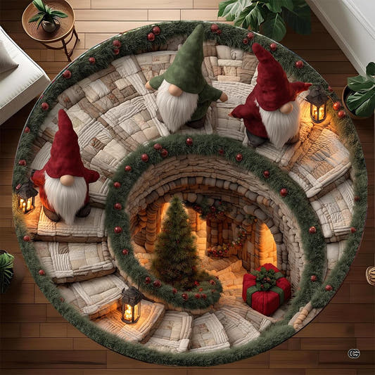 Round Christmas gnome rug with spiral stone stairs, lanterns, evergreen garland, tree, and gift