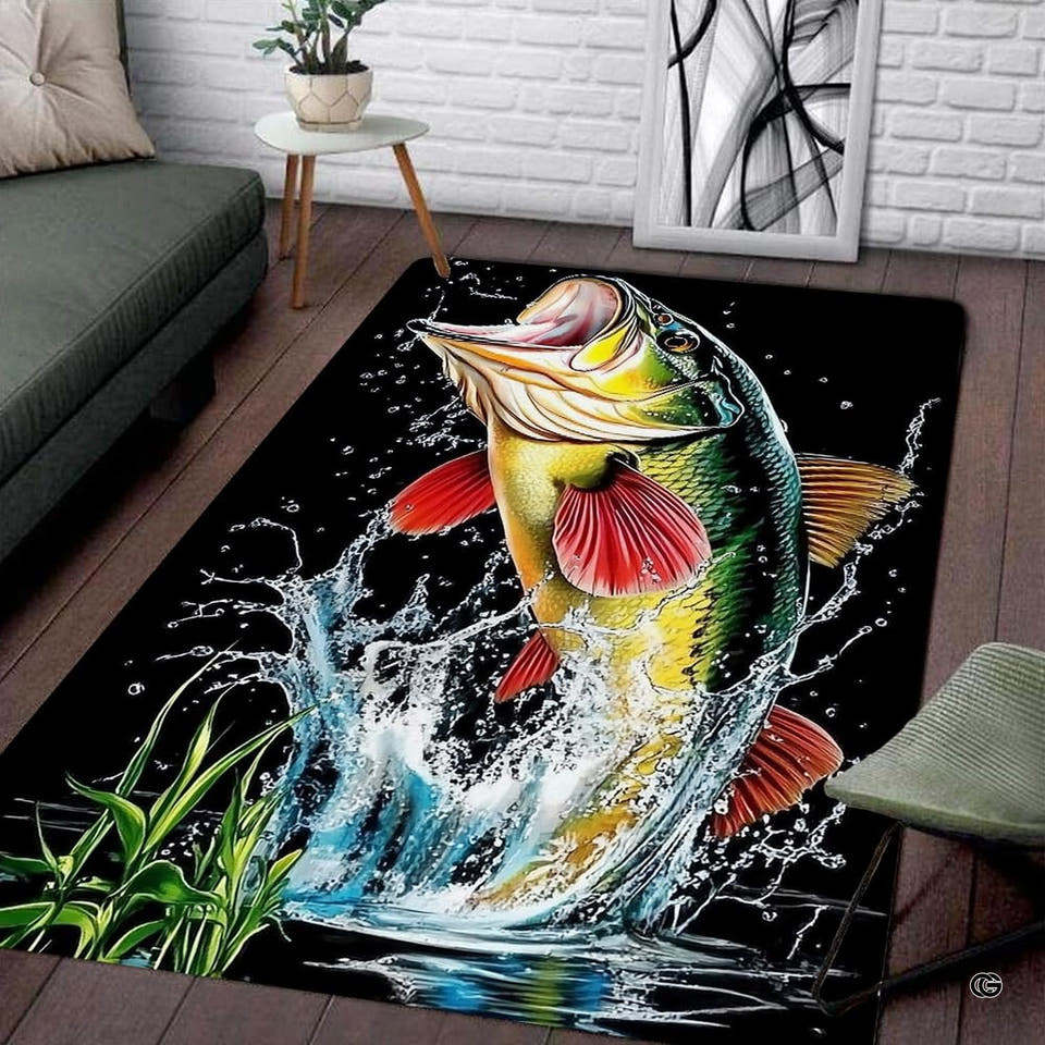 Jumping bass splashing water fishing area rug - view 1
