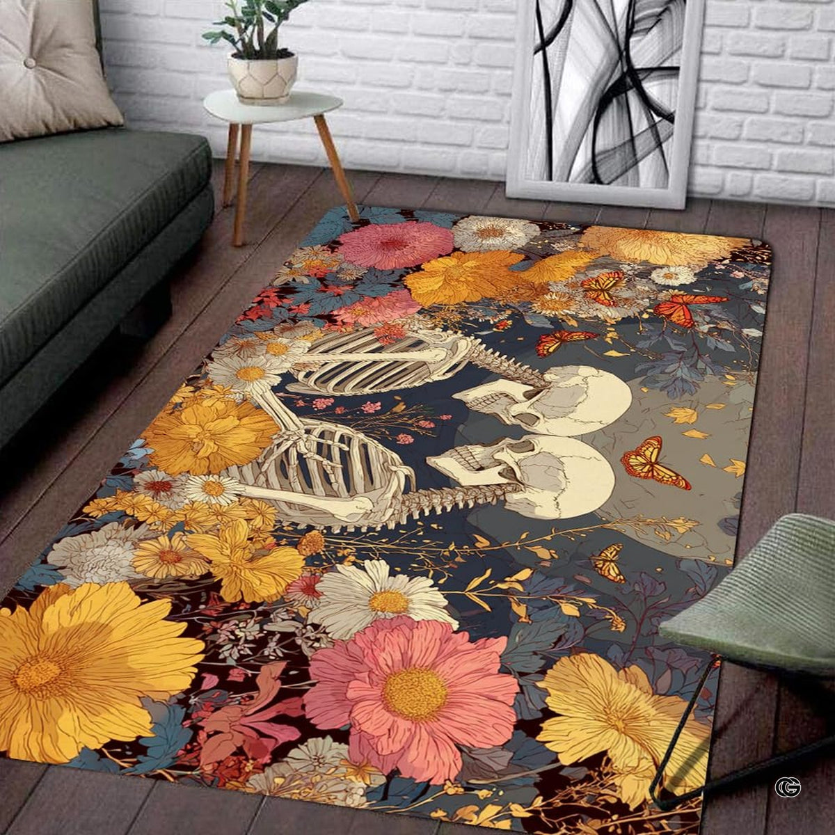 Modern living room floor staging showing the full perspective of the gothic skeleton rug