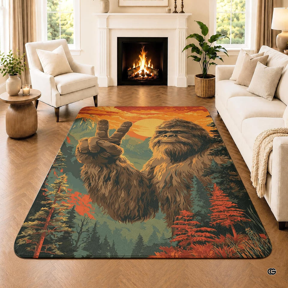 Personalized Bigfoot Peace Sign Forest Area Rug, Home Decor