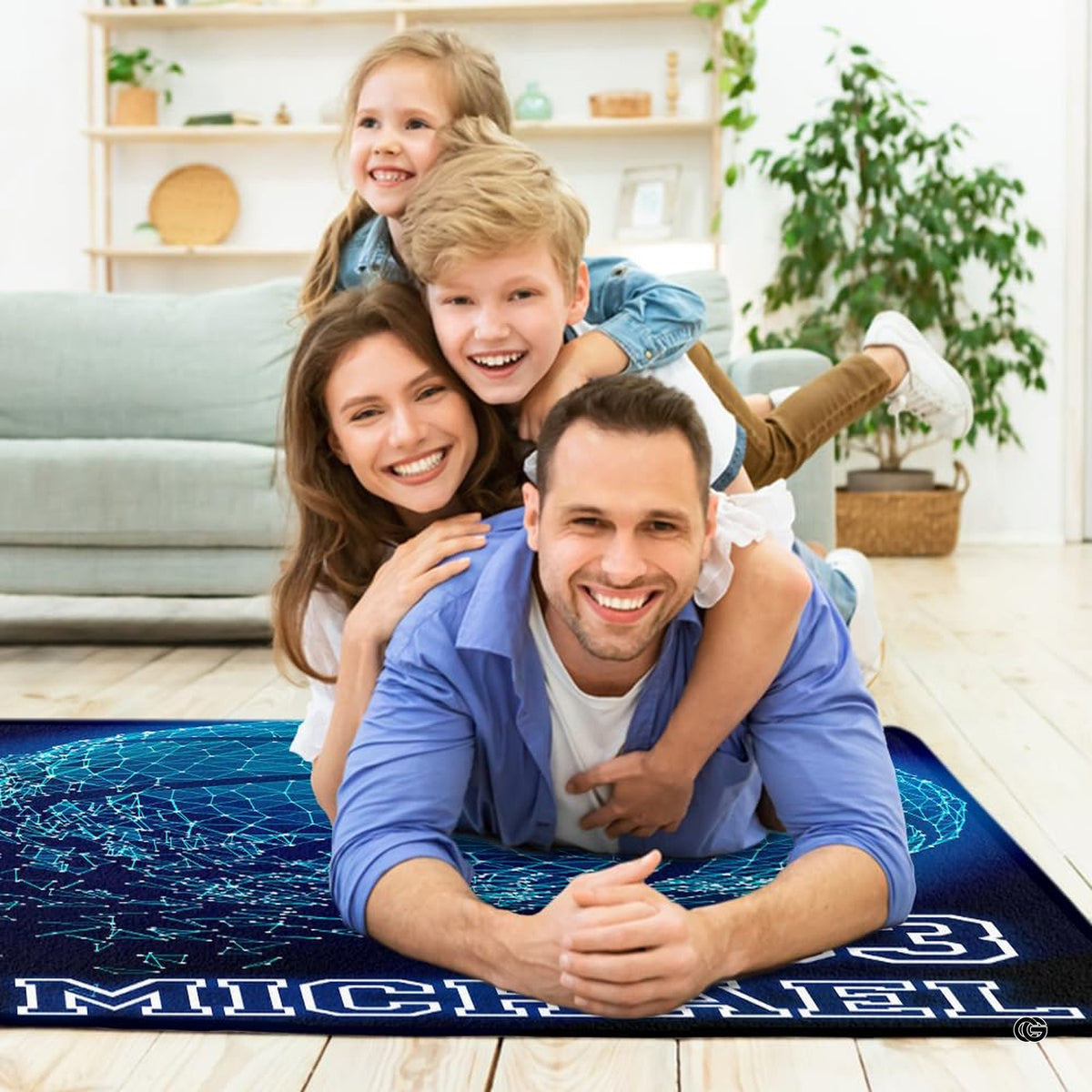 Lifestyle living room scene featuring family lounging on basketball area rug. - image 5 of 7