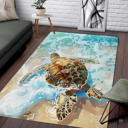 Sunny beach surf sea turtle illustration rectangular area rug. - thumbnail image 1 of 7