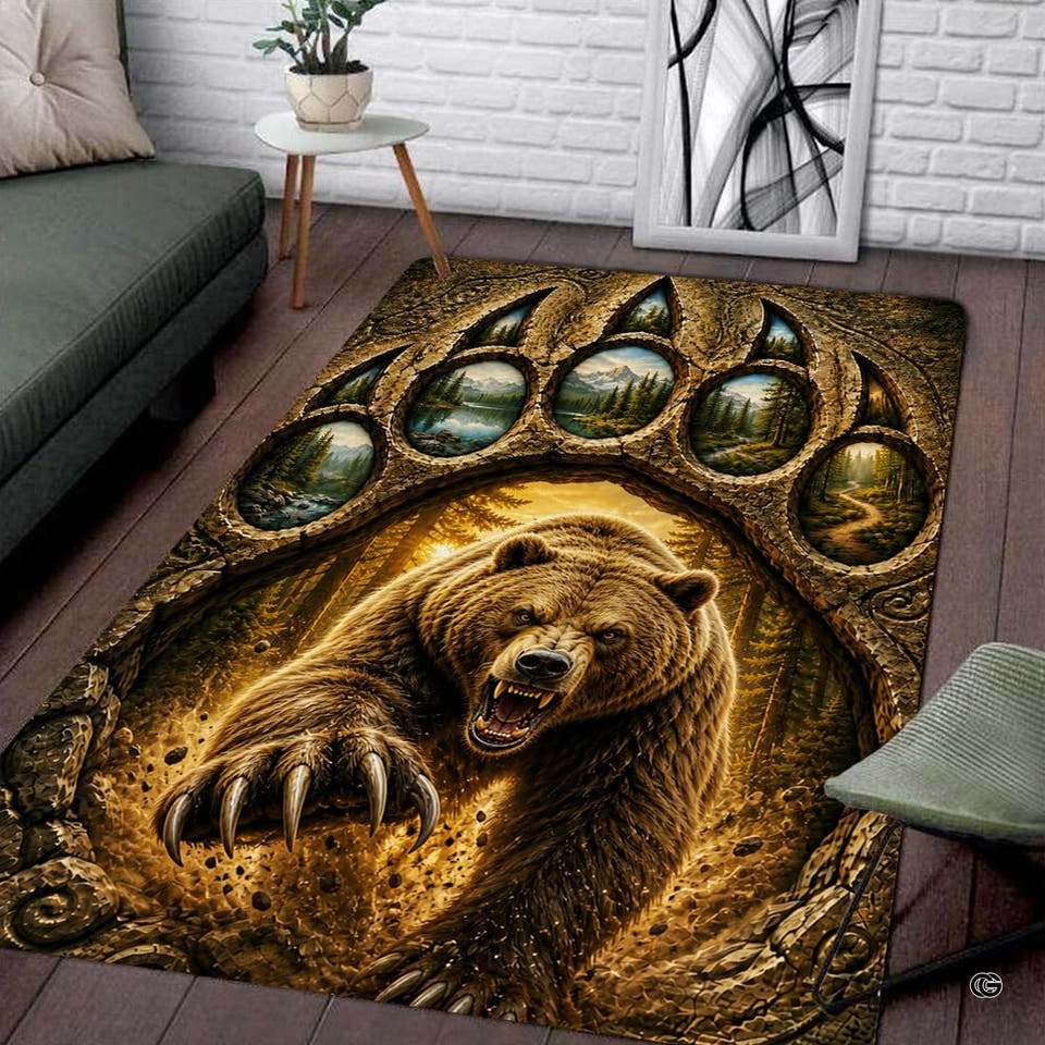Rectangular area rug with grizzly bear and mountain forest claw artwork on wood floor.