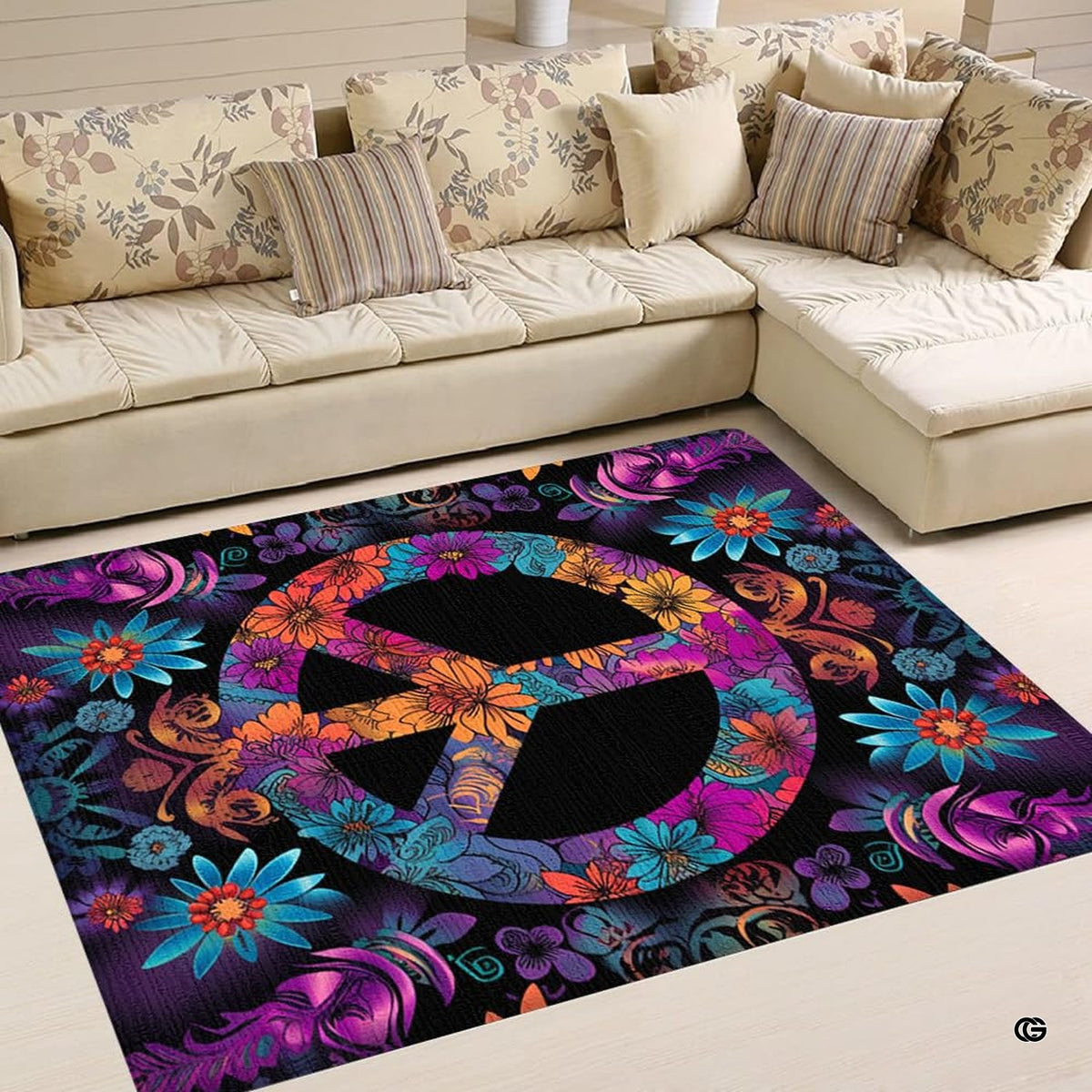 Dimension chart displaying size options for floral peace sign area rug.