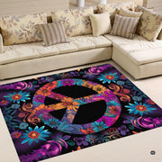 Dimension chart displaying size options for floral peace sign area rug. - thumbnail image 2 of 5