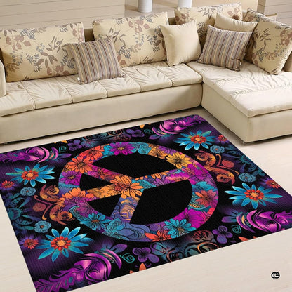 Dimension chart displaying size options for floral peace sign area rug. - thumbnail image 2 of 5