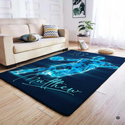 Overhead perspective of geometric neon basketball player rug showing dynamic glowing light streaks. - thumbnail image 4 of 7