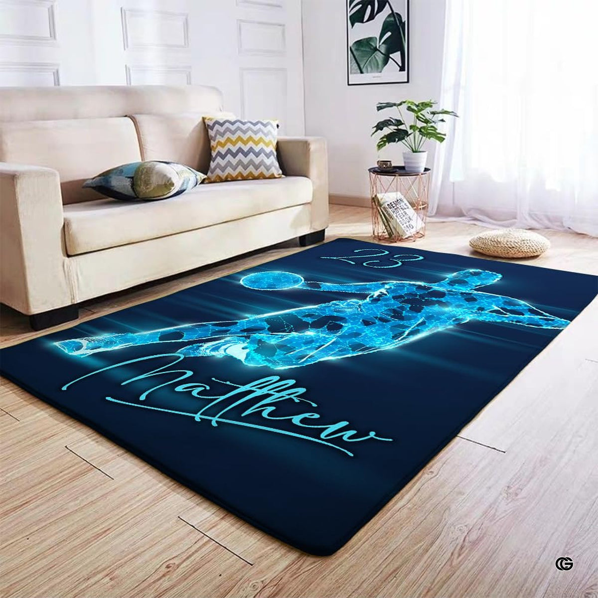 Overhead perspective of geometric neon basketball player rug showing dynamic glowing light streaks. - image 4 of 7