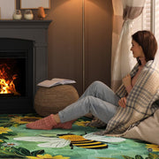 Cottagecore bedroom layout showing the emerald green sunflower bee rug near wooden furnishings - thumbnail image 6 of 8