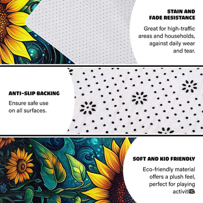 Infographic showing the non-skid dot backing and edge stitching of the sunflower rug - thumbnail image 4 of 8