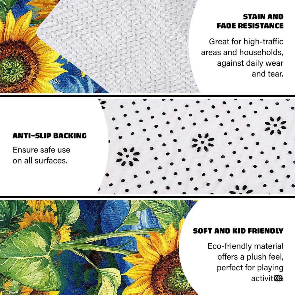 Non-skid dotted backing and resilient pile construction of the starry night sunflower area rug.