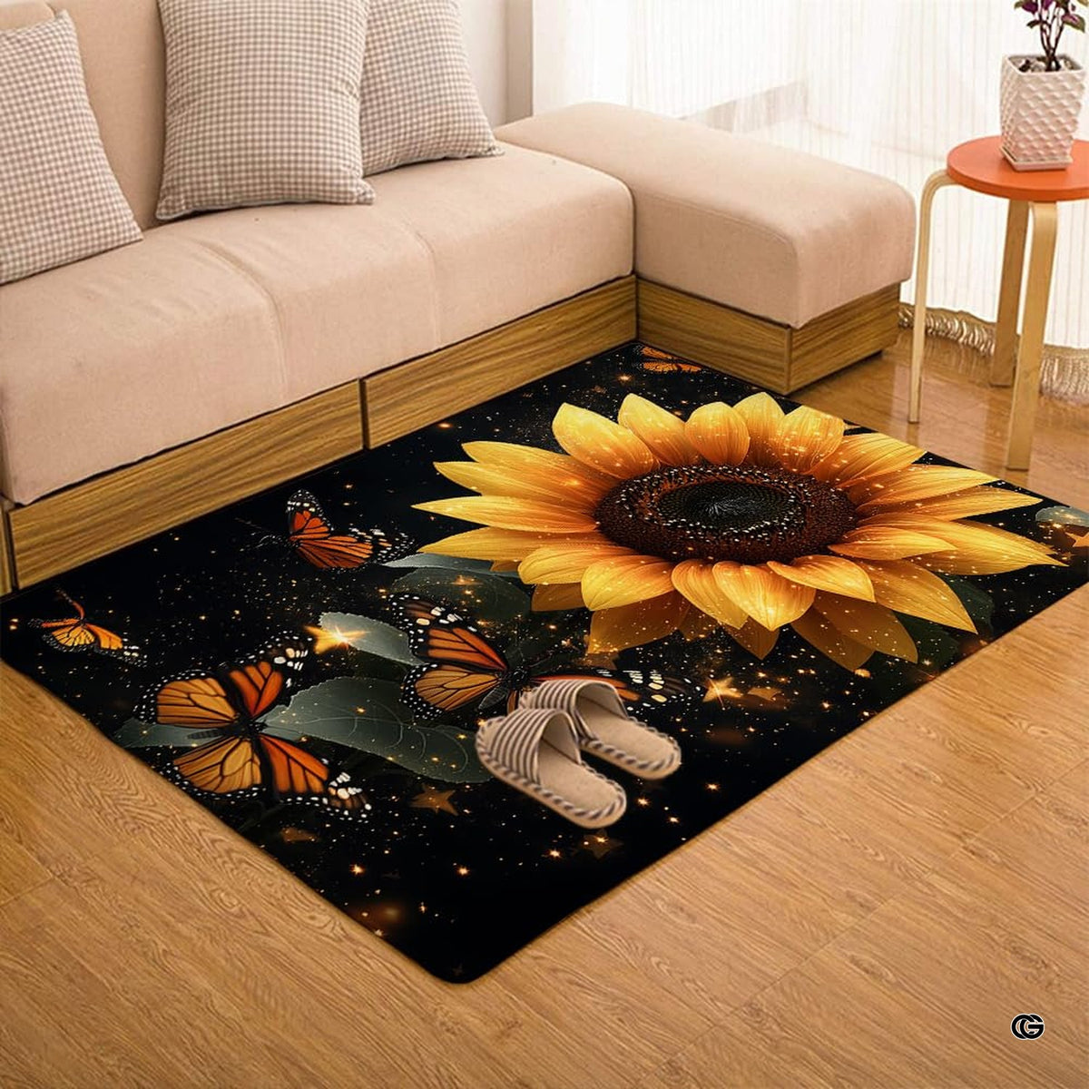 Sunflower butterfly area rug placed alongside living room couch and accent furniture. - image 7 of 7
