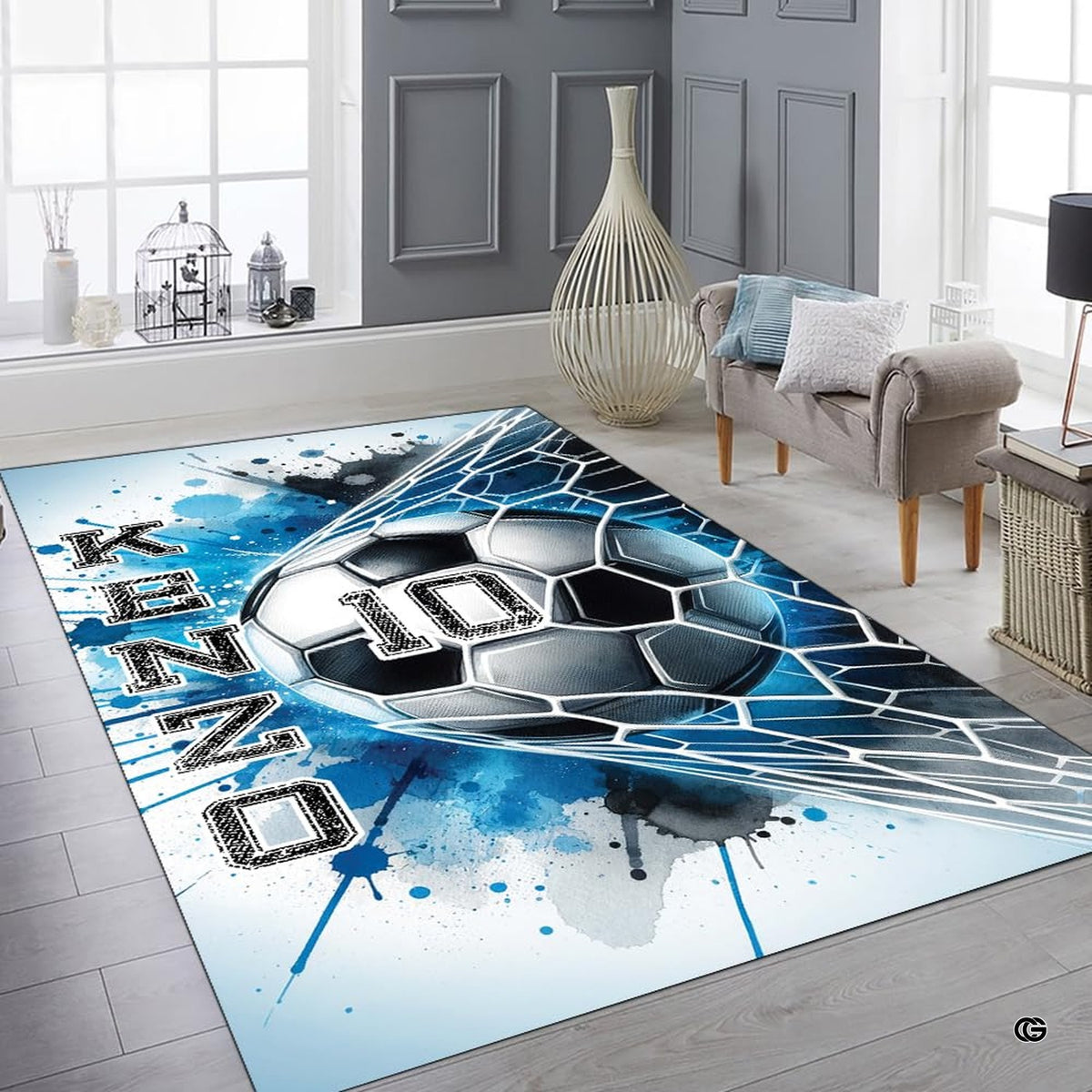 Soccer ball impact illustration with vibrant blue and cyan watercolor bursts on an off-white rug. - image 6 of 8