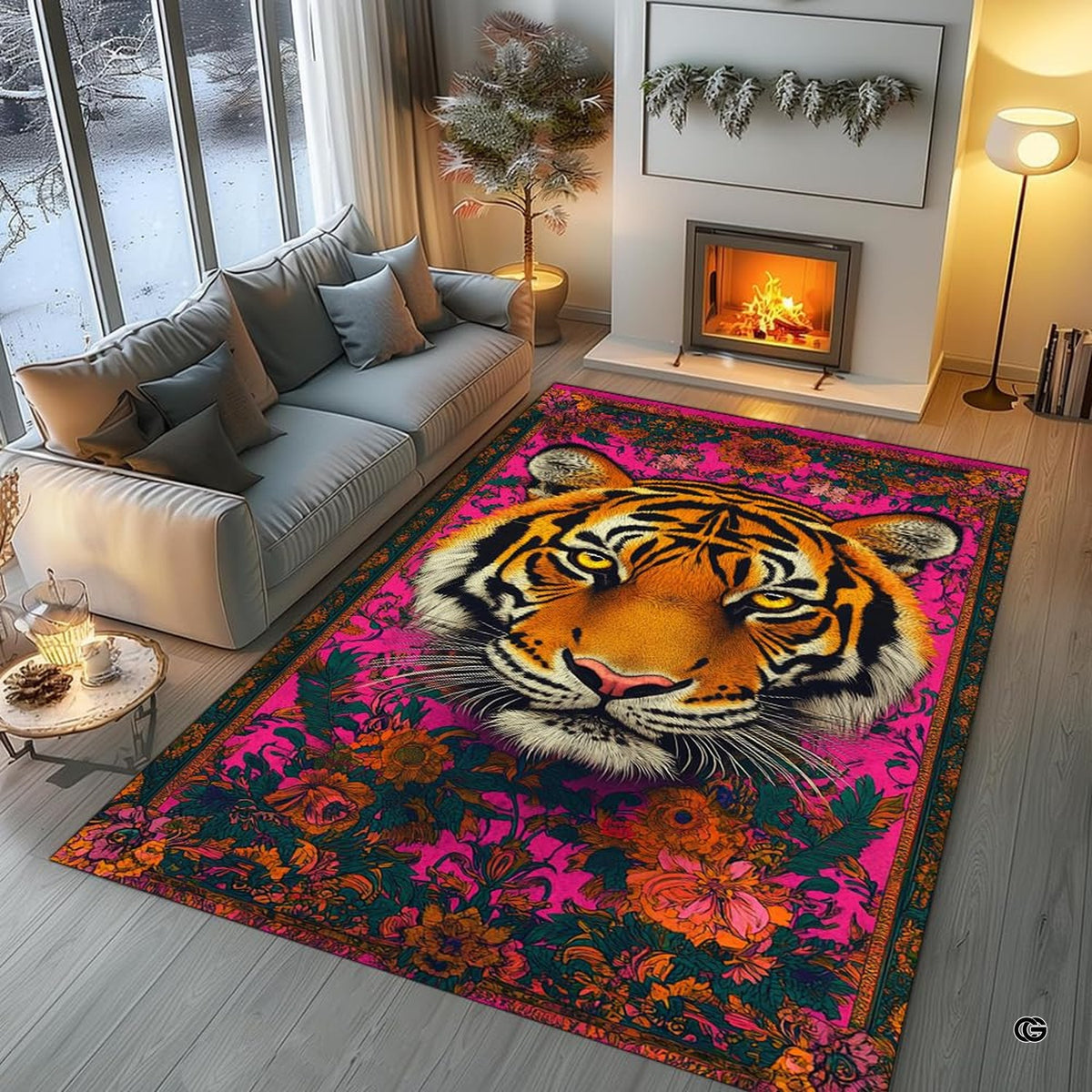 Living room arrangement showing the bohemian pink tiger rug on wooden floor