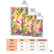 Detail of vibrant hibiscus blossoms and lush monstera foliage framing a graceful flamingo illustration. - thumbnail image 2 of 8
